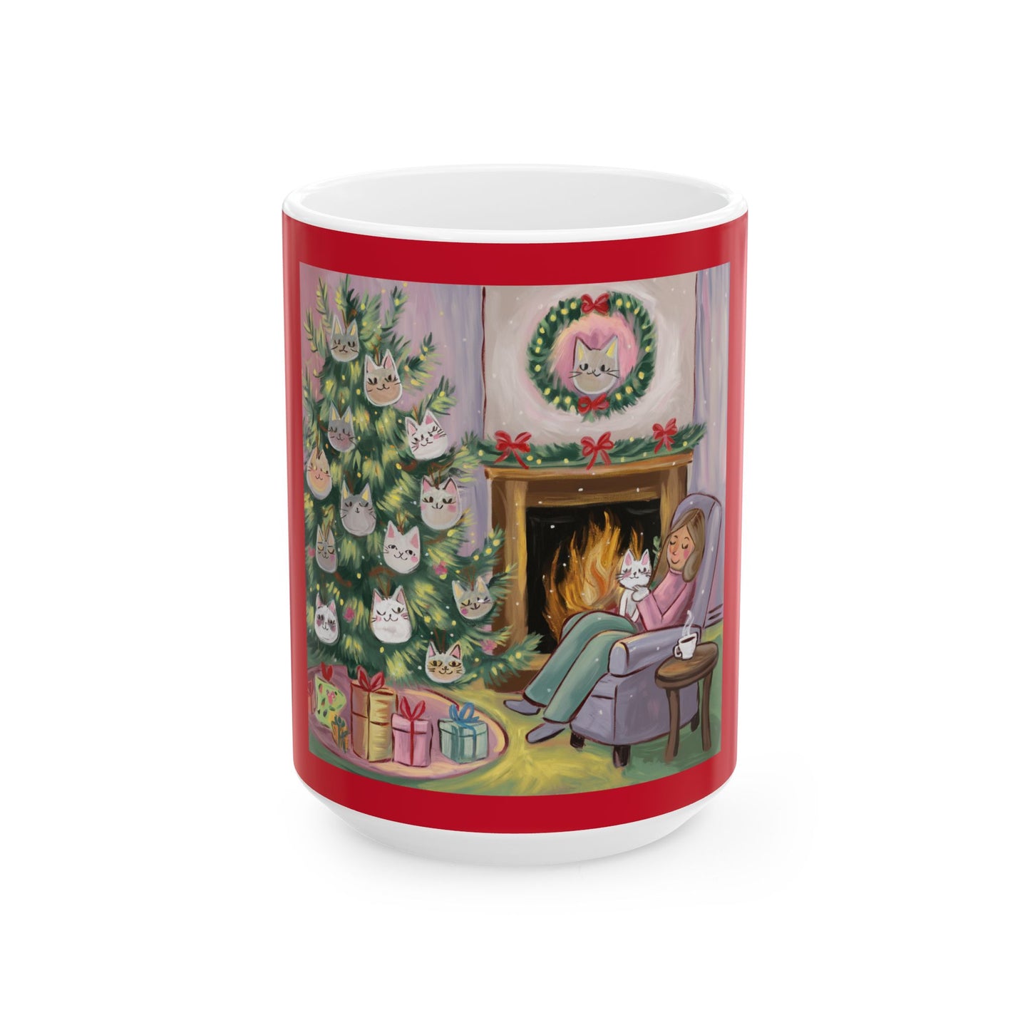 Cozy Christmas Cat Ceramic Mug – 11oz & 15oz--Christmas Cat Ornaments on Tree