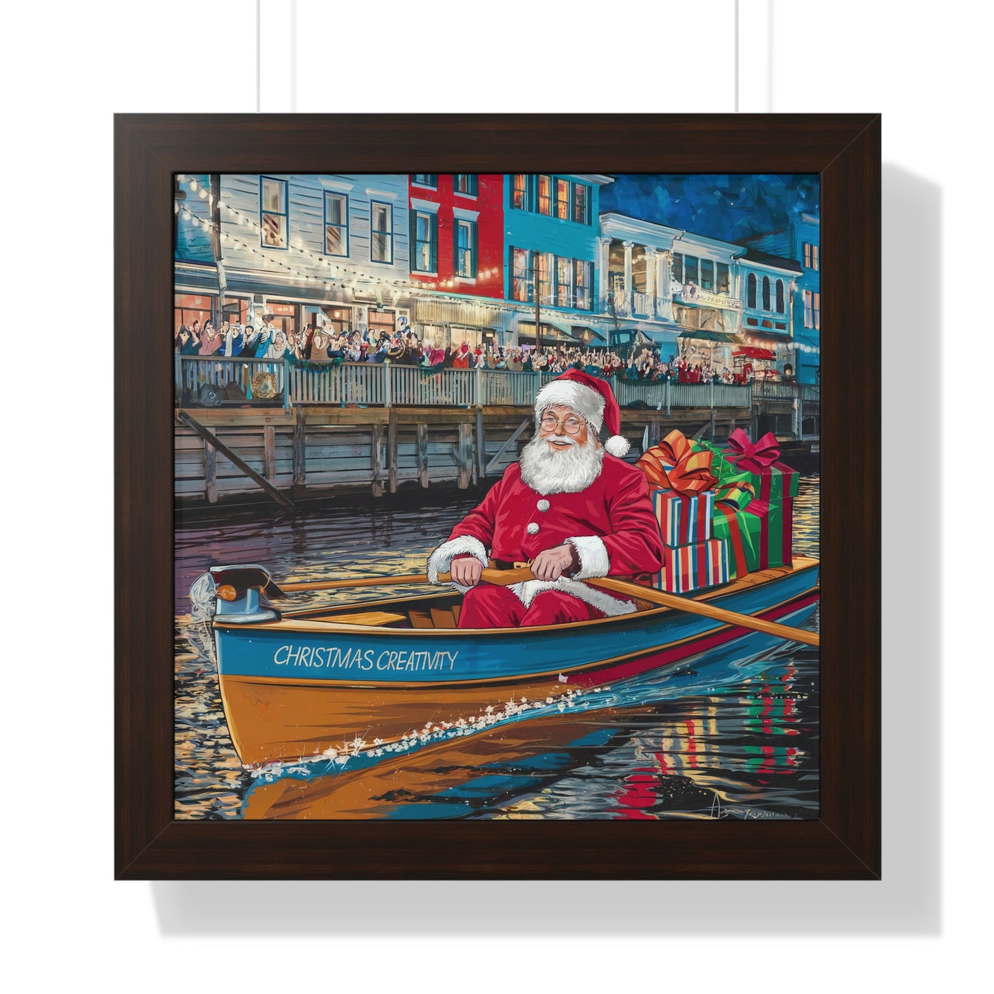 Holiday Cheer Framed Vertical Poster - Santa on a Boat with Gifts | Christmas Wall Art