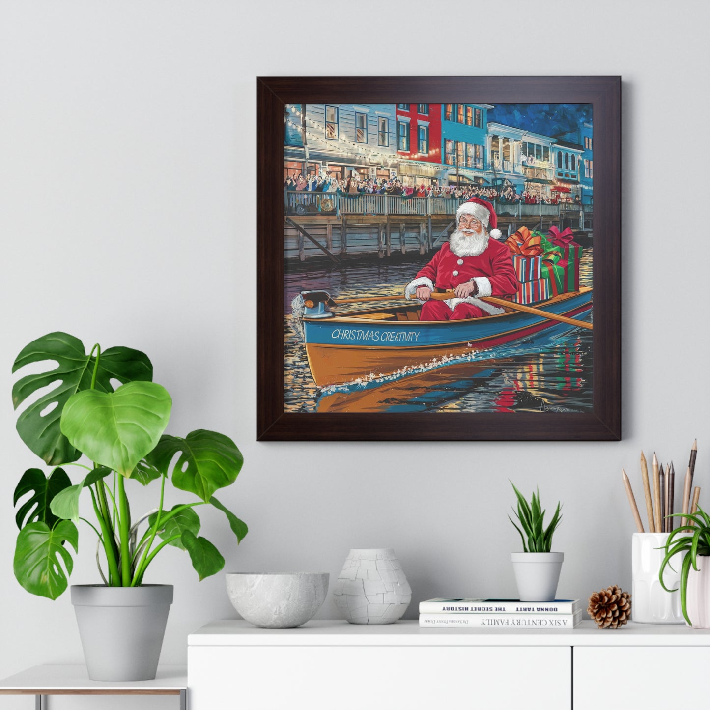 Holiday Cheer Framed Vertical Poster - Santa on a Boat with Gifts | Christmas Wall Art