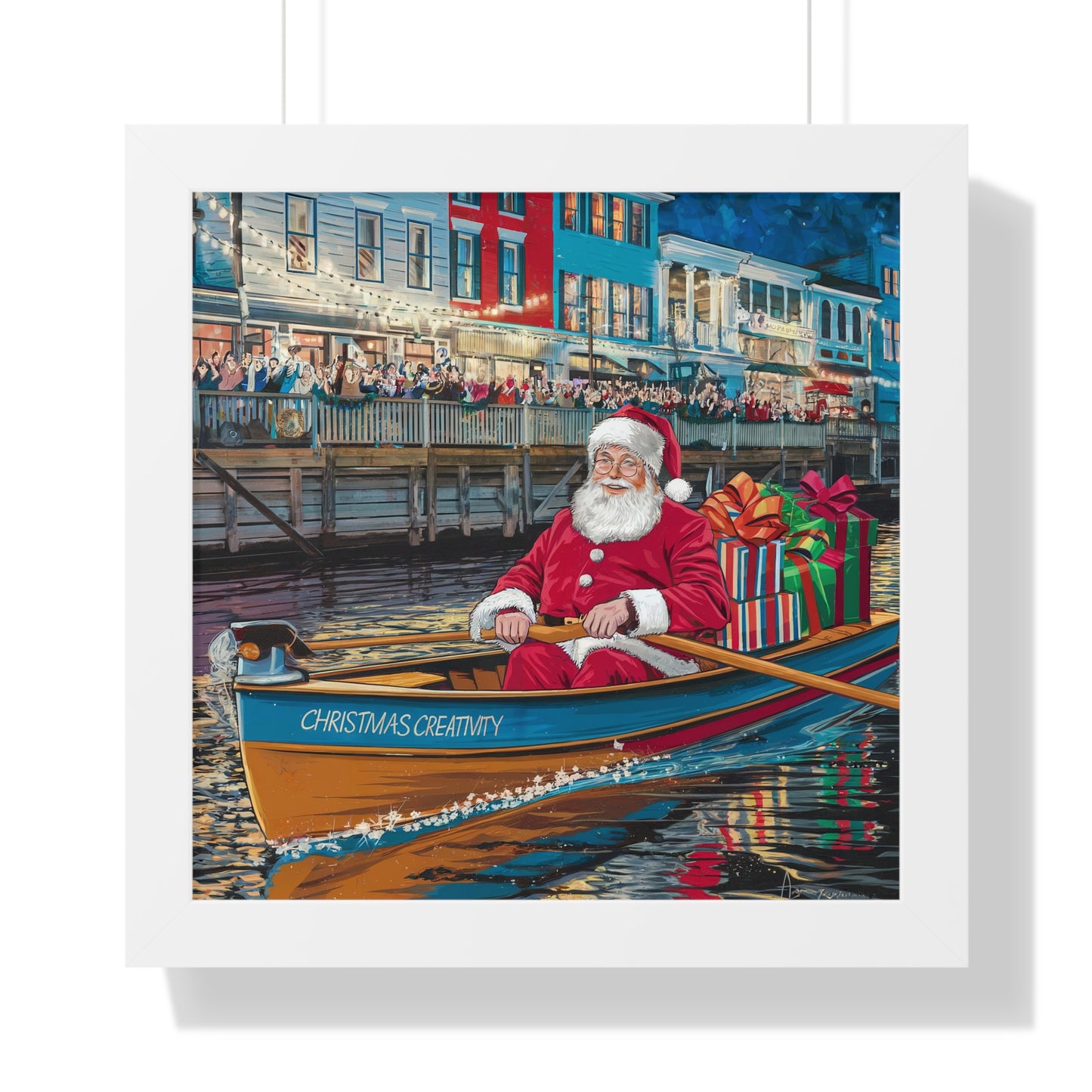 Holiday Cheer Framed Vertical Poster - Santa on a Boat with Gifts | Christmas Wall Art