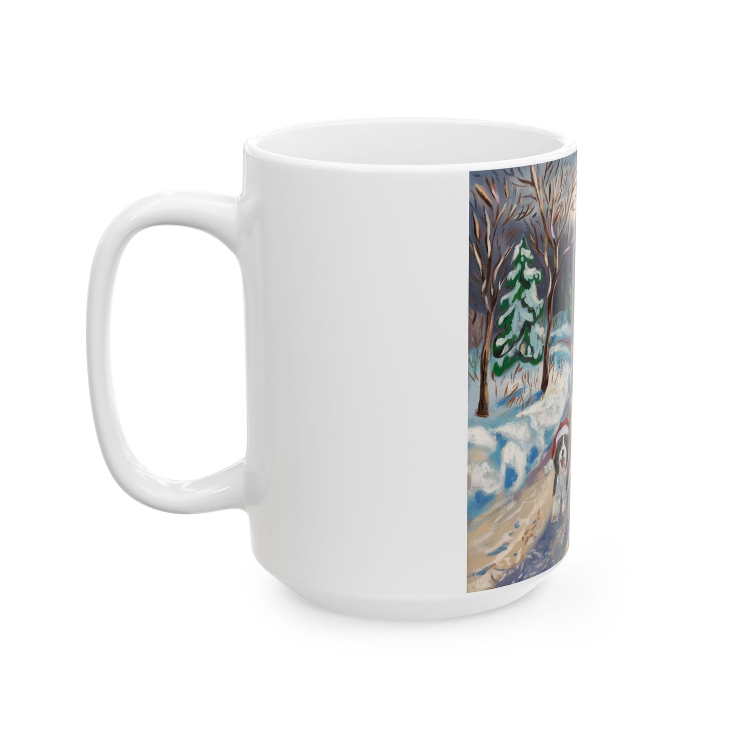 Winter Wonderland Ceramic Mug - Dog Walking Scene