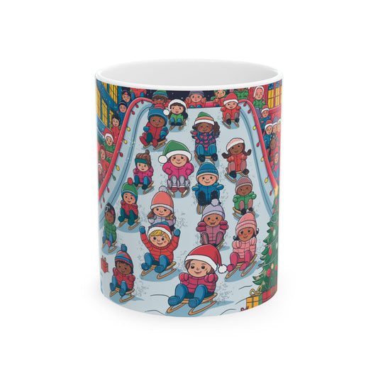 Winter Joy Kids Ceramic Mug - Holiday Snow Sledding Design (11oz, 15oz)