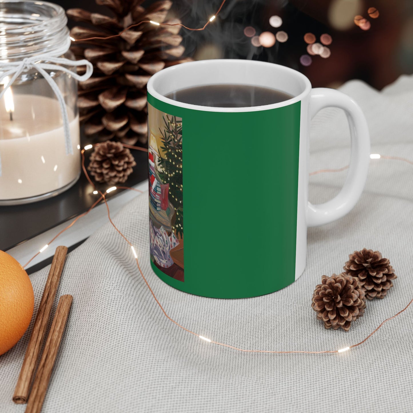 Cozy Christmas Ceramic Mug - Festive Book Stack Design for Holiday Cheer