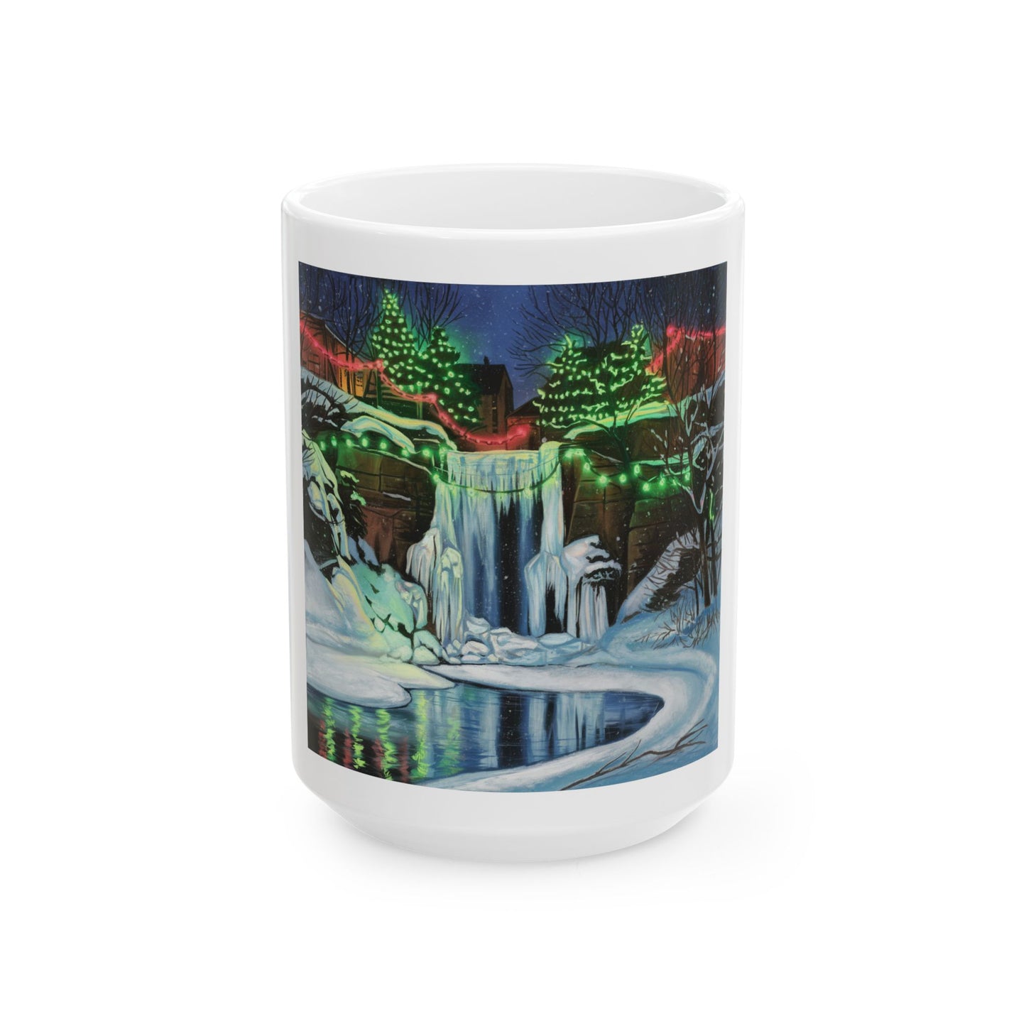 Winter Wonderland Waterfall Ceramic Mug - Festive Holiday Night/Nature Scene, 11oz & 15oz