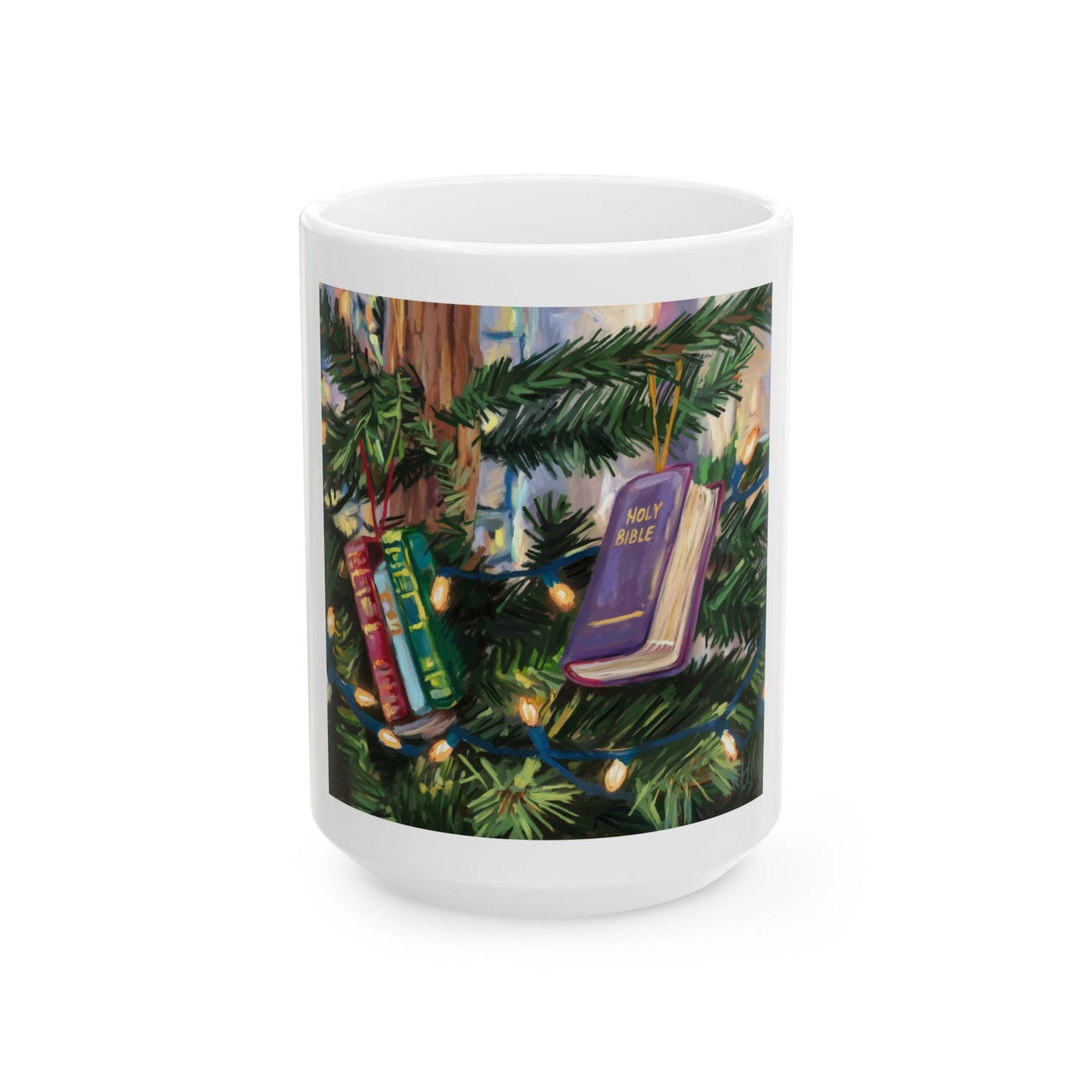 Christmas Books & Bible Ornaments on Christmas Tree Ceramic Mug - Holiday Reading Gift, 11oz & 15oz