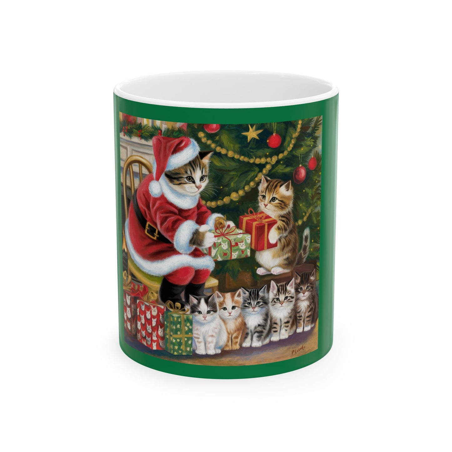 Festive Cat Christmas Mug - Whimsical 11oz & 15oz Ceramic Coffee Cup for Cat Lovers// Cat Santa