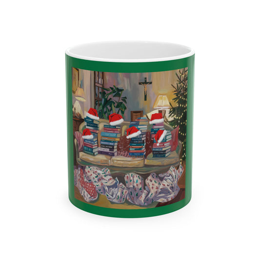 Cozy Christmas Ceramic Mug - Festive Book Stack Design for Holiday Cheer