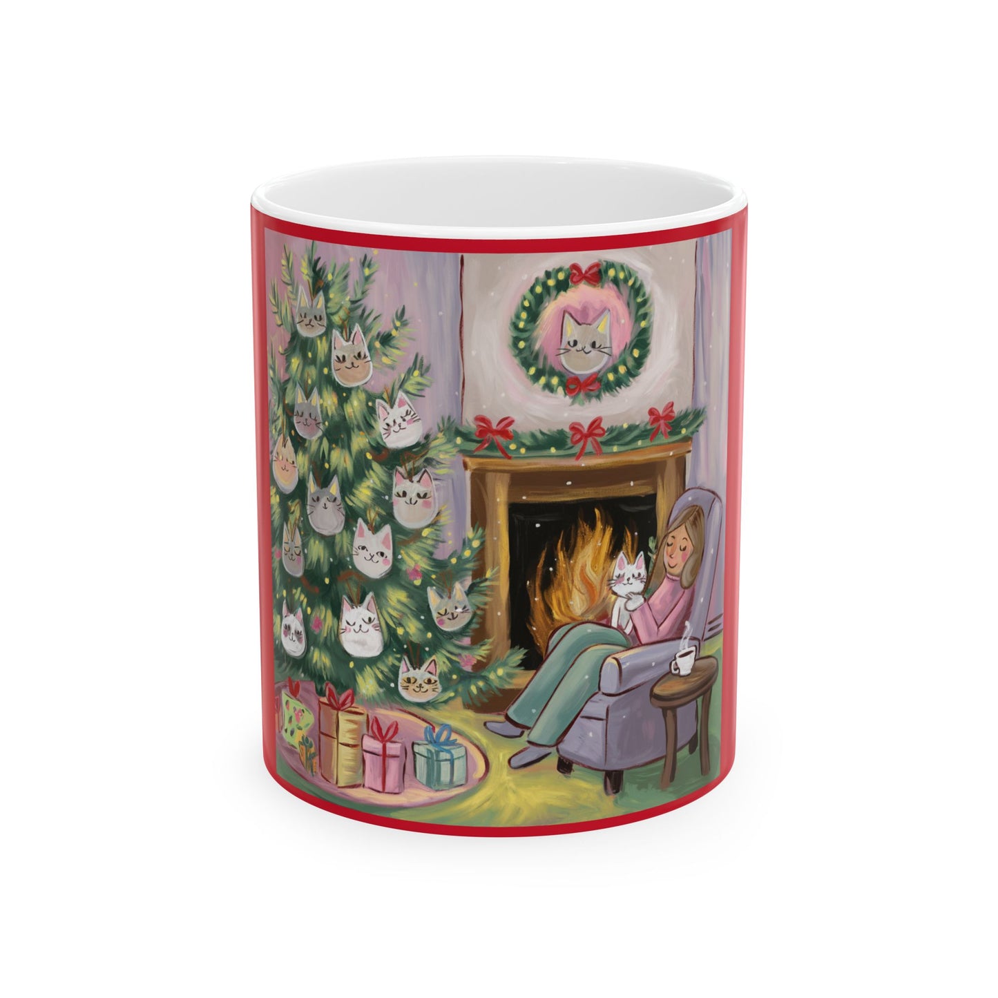 Cozy Christmas Cat Ceramic Mug – 11oz & 15oz--Christmas Cat Ornaments on Tree