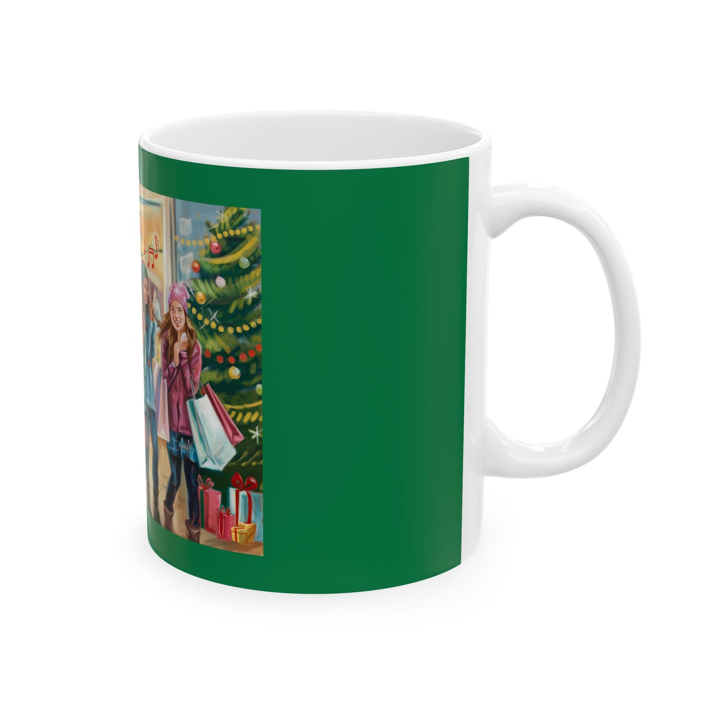 Festive Holiday Ceramic Mug - Cheerful Carolers & Christmas Spirit with Girls Shopping at the Mall