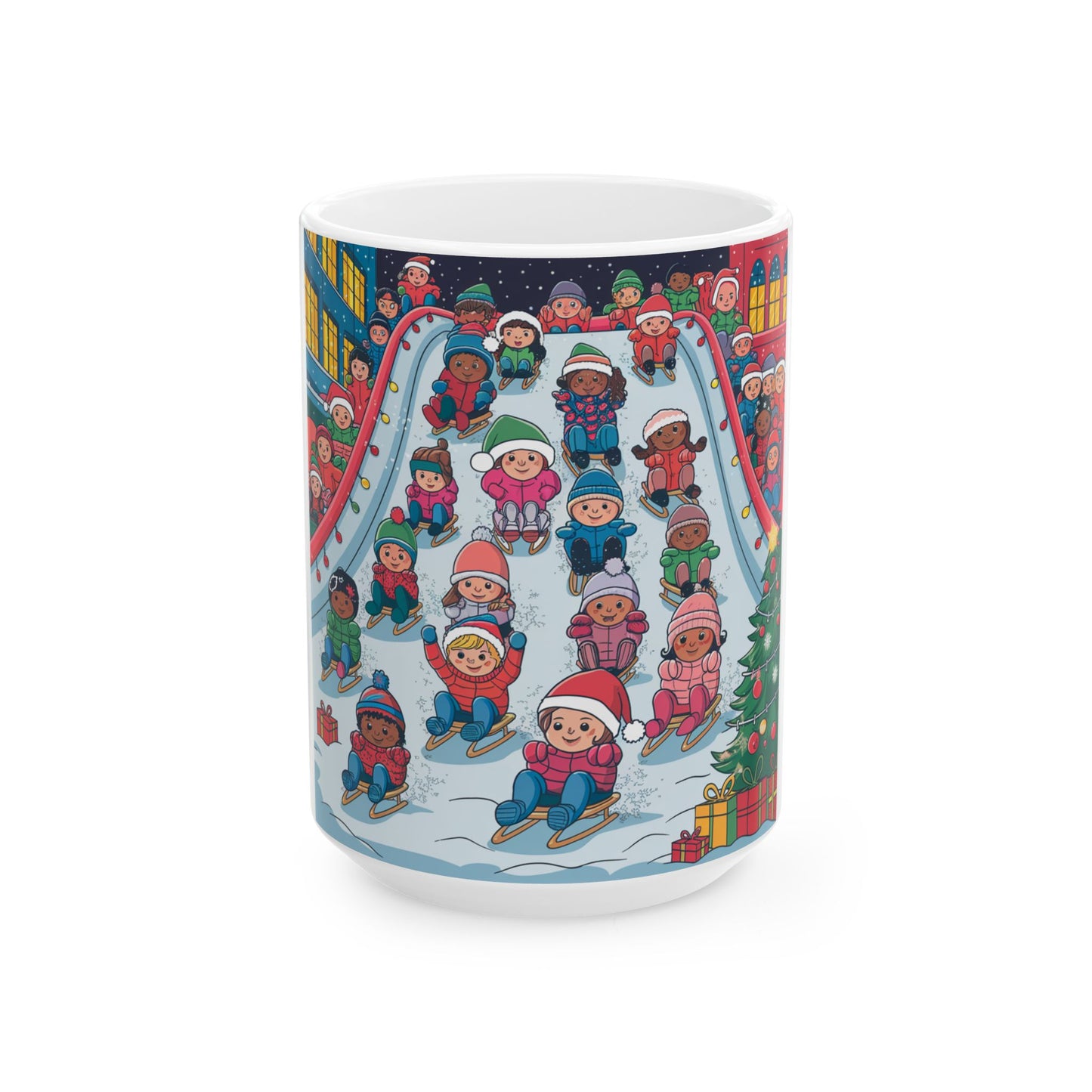 Winter Joy Kids Ceramic Mug - Holiday Snow Sledding Design (11oz, 15oz)