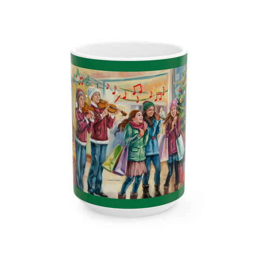 Festive Holiday Ceramic Mug - Cheerful Carolers & Christmas Spirit with Girls Shopping at the Mall