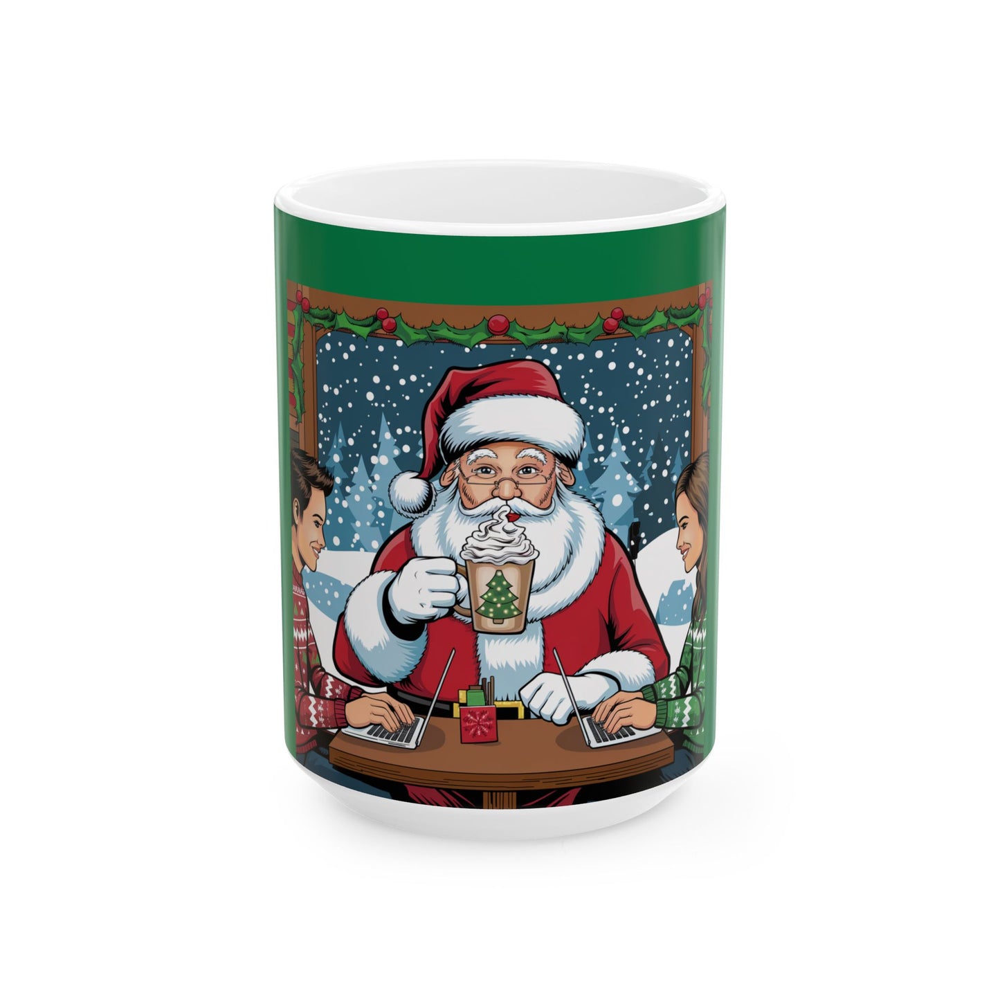 Christmas Creativity Santa Coffee Shop Laptop Ceramic Mug, (11oz, 15oz)