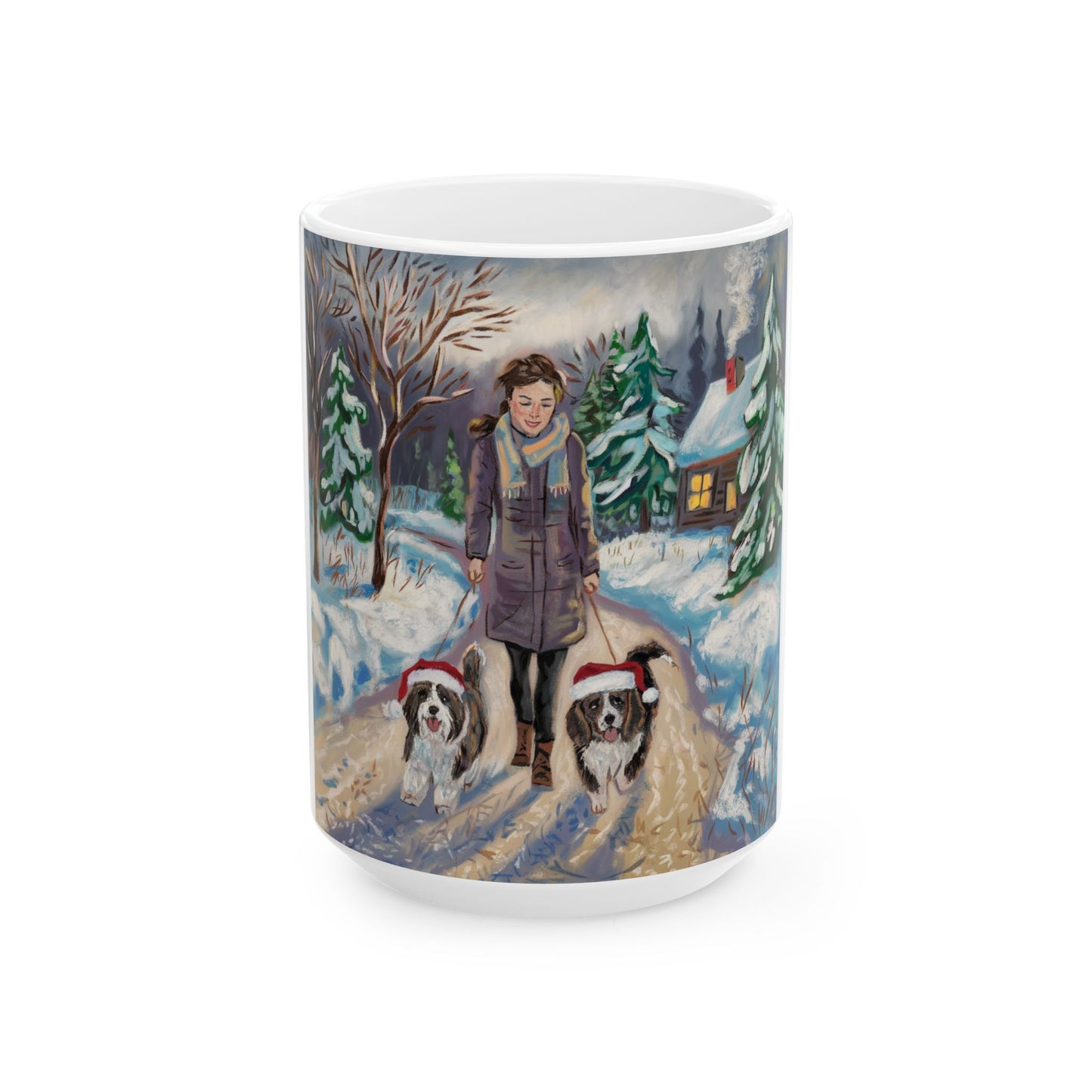 Winter Wonderland Ceramic Mug - Dog Walking Scene