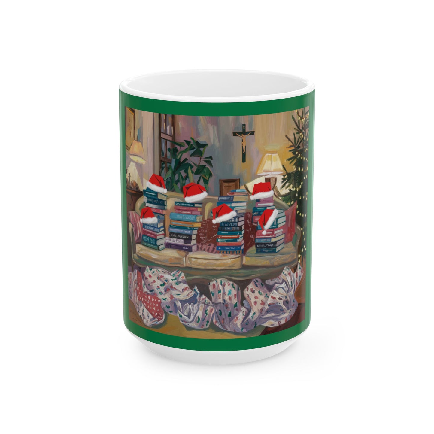 Cozy Christmas Ceramic Mug - Festive Book Stack Design for Holiday Cheer