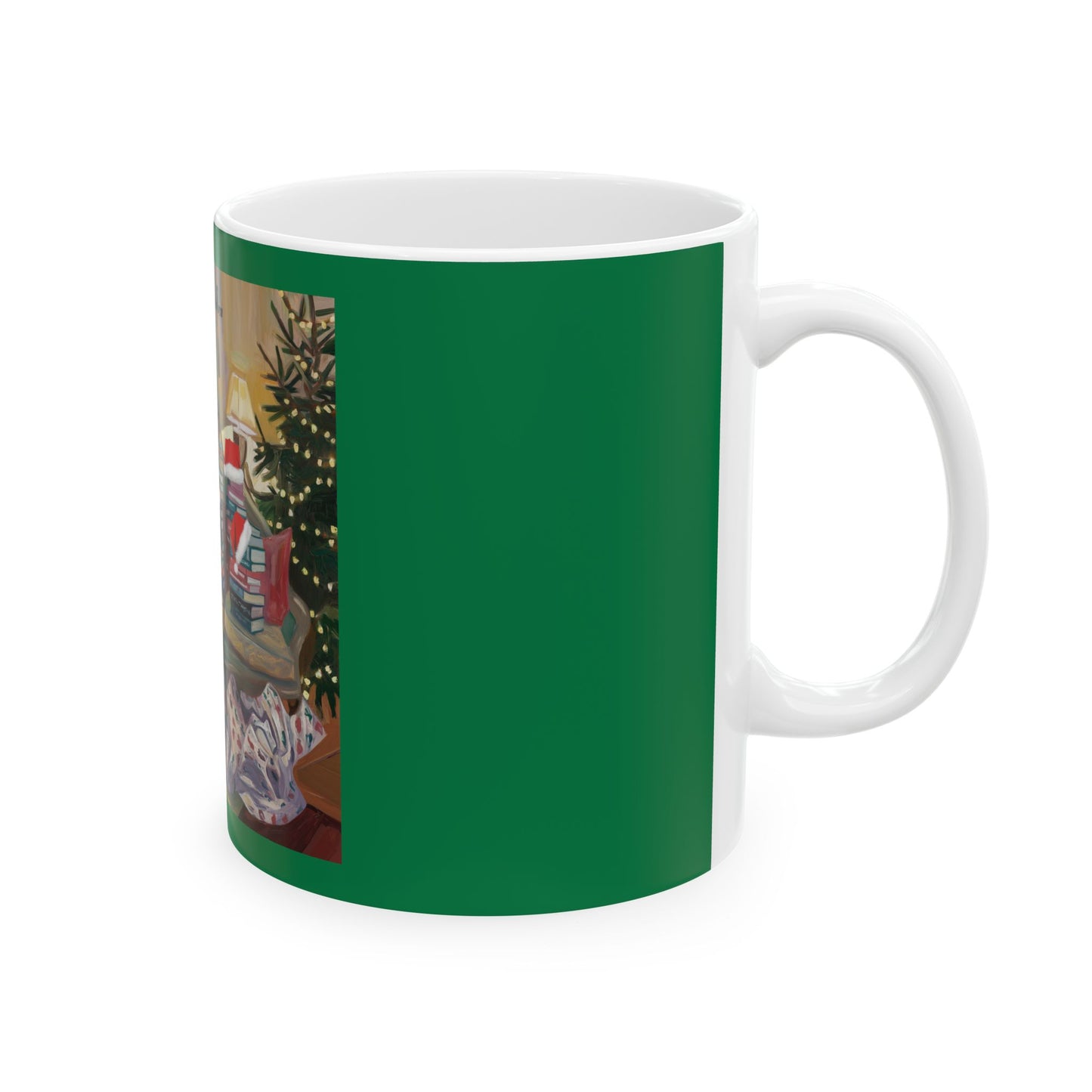 Cozy Christmas Ceramic Mug - Festive Book Stack Design for Holiday Cheer