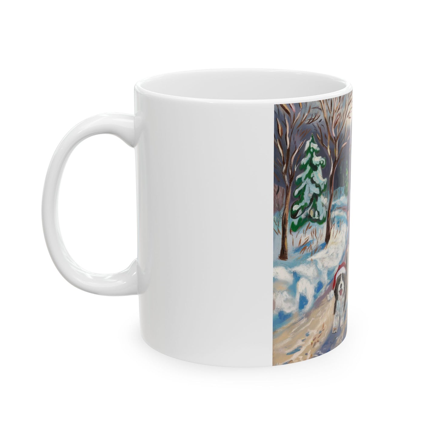 Winter Wonderland Ceramic Mug - Dog Walking Scene