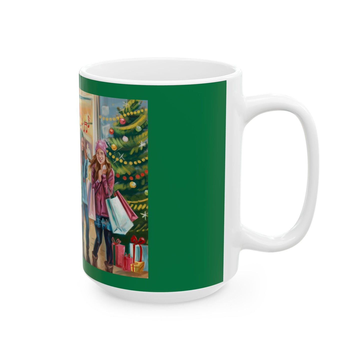 Festive Holiday Ceramic Mug - Cheerful Carolers & Christmas Spirit with Girls Shopping at the Mall