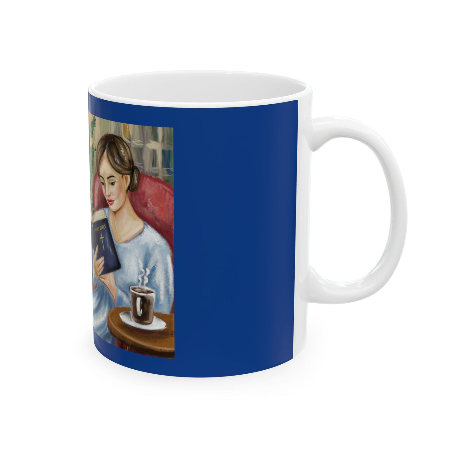 Cozy Reading the Bible, Lovely Lady Relaxing during Christmastime Christmas Ceramic Mug - 11oz & 15oz