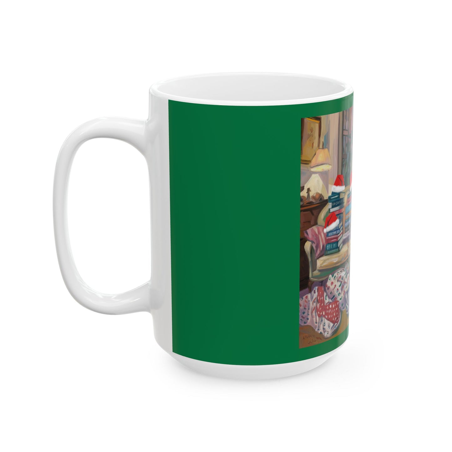 Cozy Christmas Ceramic Mug - Festive Book Stack Design for Holiday Cheer