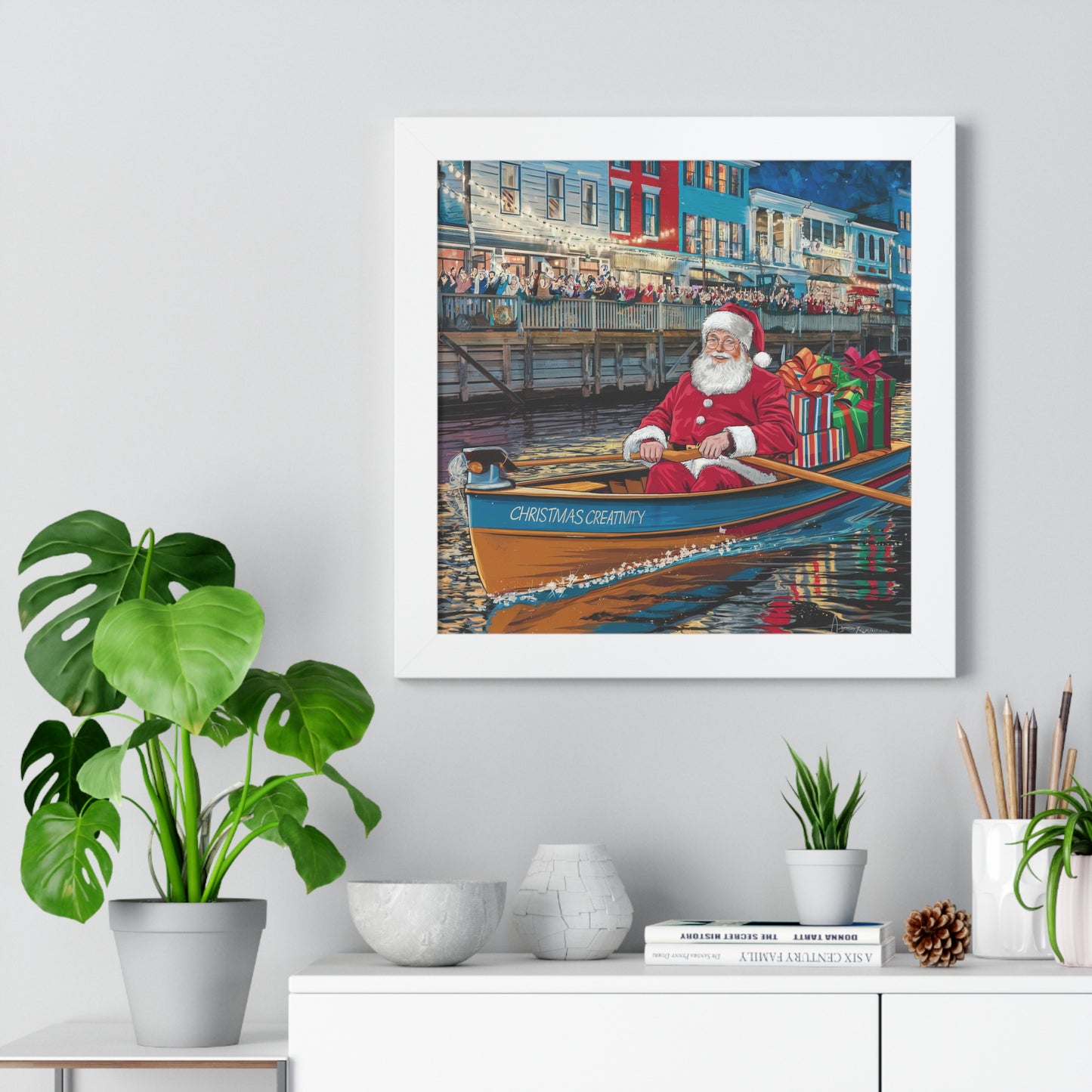 Holiday Cheer Framed Vertical Poster - Santa on a Boat with Gifts | Christmas Wall Art