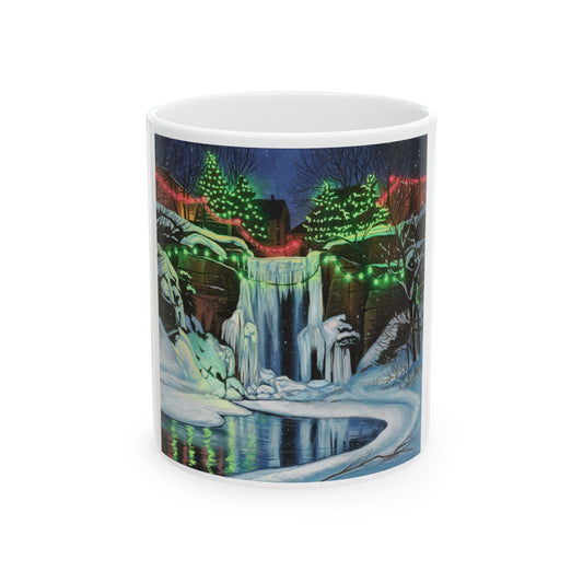 Winter Wonderland Waterfall Ceramic Mug - Festive Holiday Night/Nature Scene, 11oz & 15oz