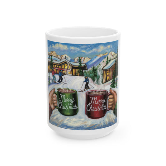 Merry Christmas Skiing Mountain Ceramic Mugs- Holiday Coffee Cups for Winter Celebrations (11oz, 15oz)