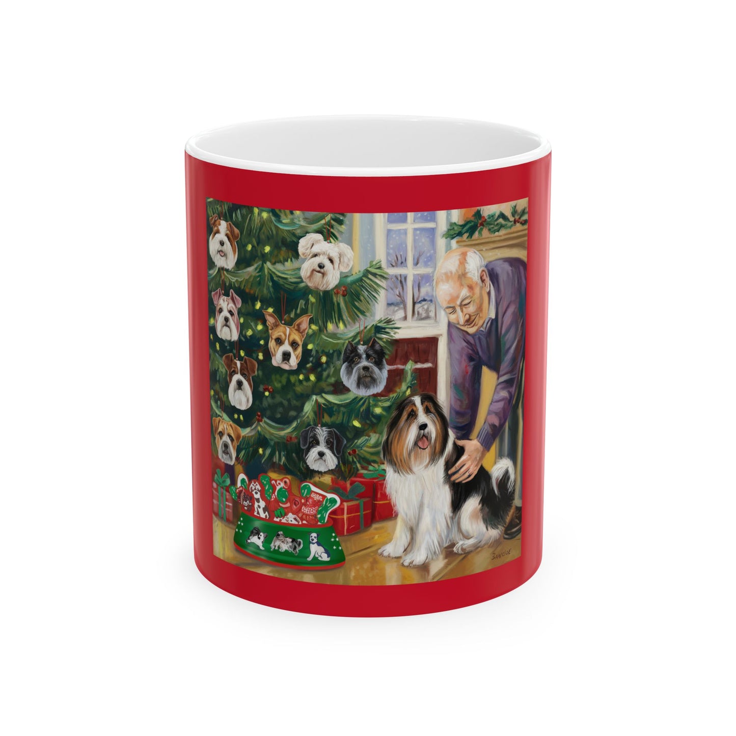 Festive Dog Lover's Ceramic Mug - Perfect for Holiday Cheer/ Old Man with His Dog and Doggy Ornaments