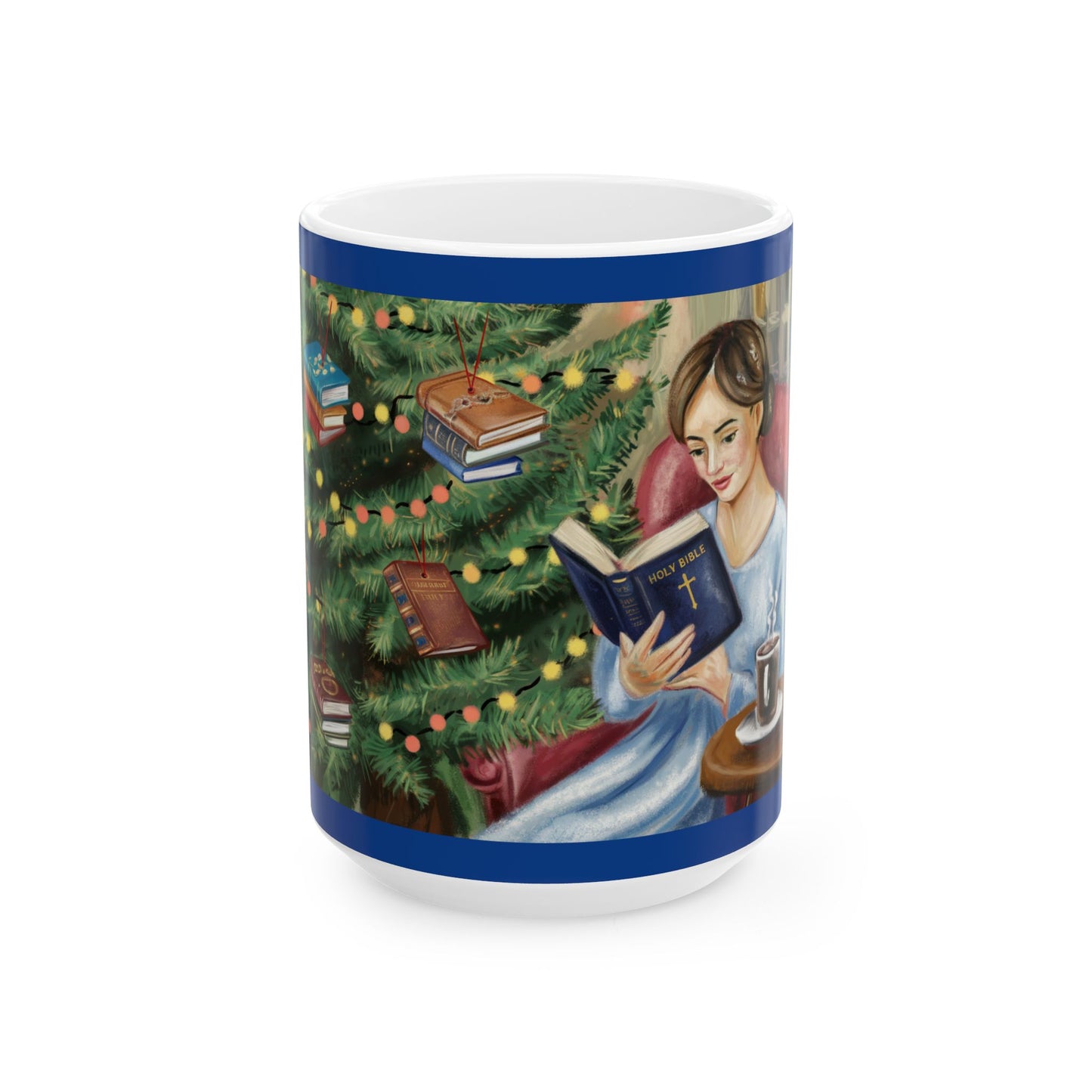 Cozy Reading the Bible, Lovely Lady Relaxing during Christmastime Christmas Ceramic Mug - 11oz & 15oz