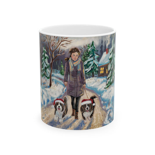 Winter Wonderland Ceramic Mug - Dog Walking Scene