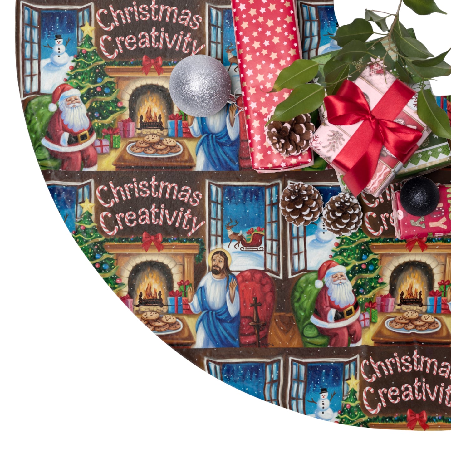 Festive Christmas Tree Skirt – ‘Christmas Creativity’ Design for Holiday Cheer