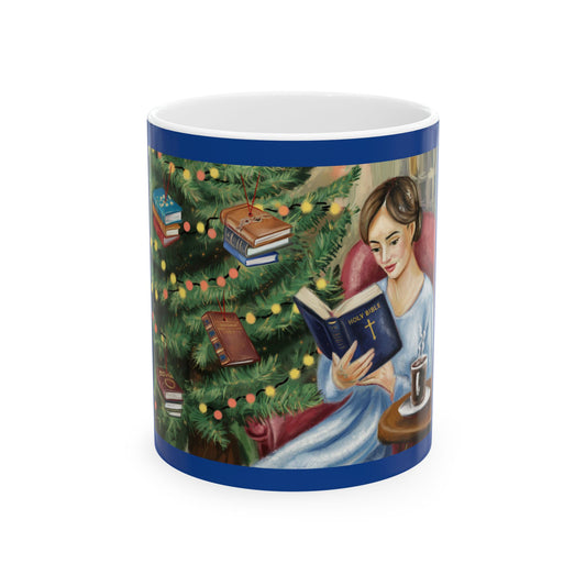 Cozy Reading the Bible, Lovely Lady Relaxing during Christmastime Christmas Ceramic Mug - 11oz & 15oz