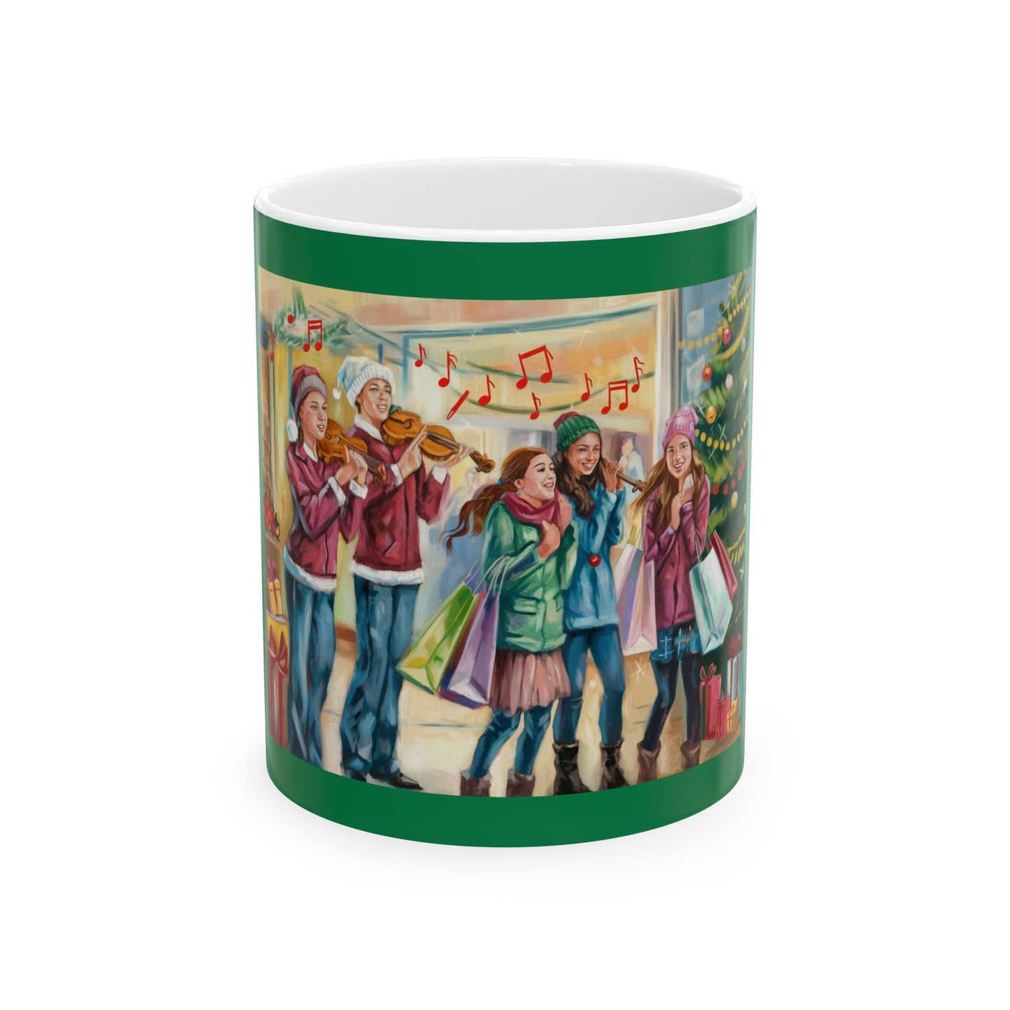 Festive Holiday Ceramic Mug - Cheerful Carolers & Christmas Spirit with Girls Shopping at the Mall