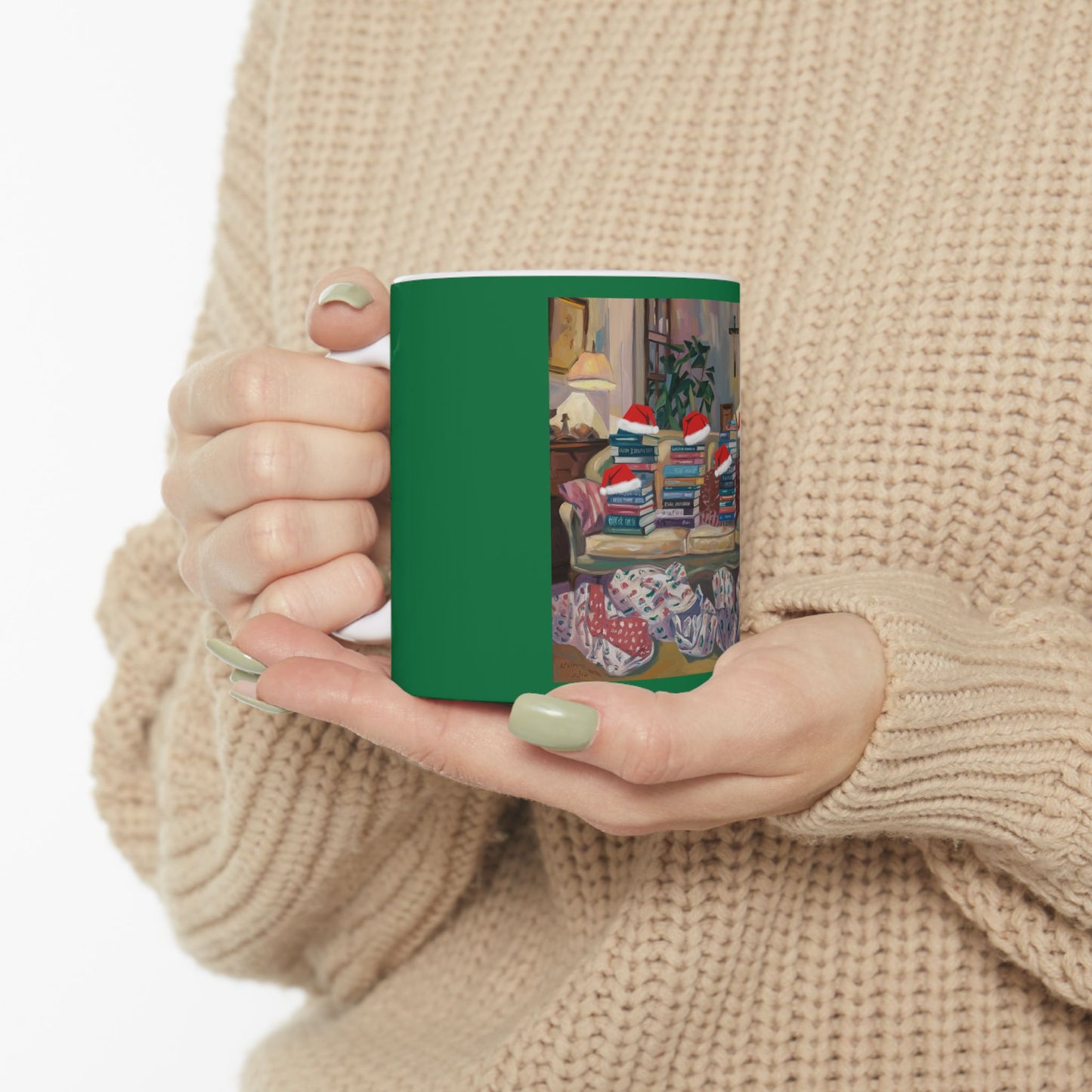 Cozy Christmas Ceramic Mug - Festive Book Stack Design for Holiday Cheer