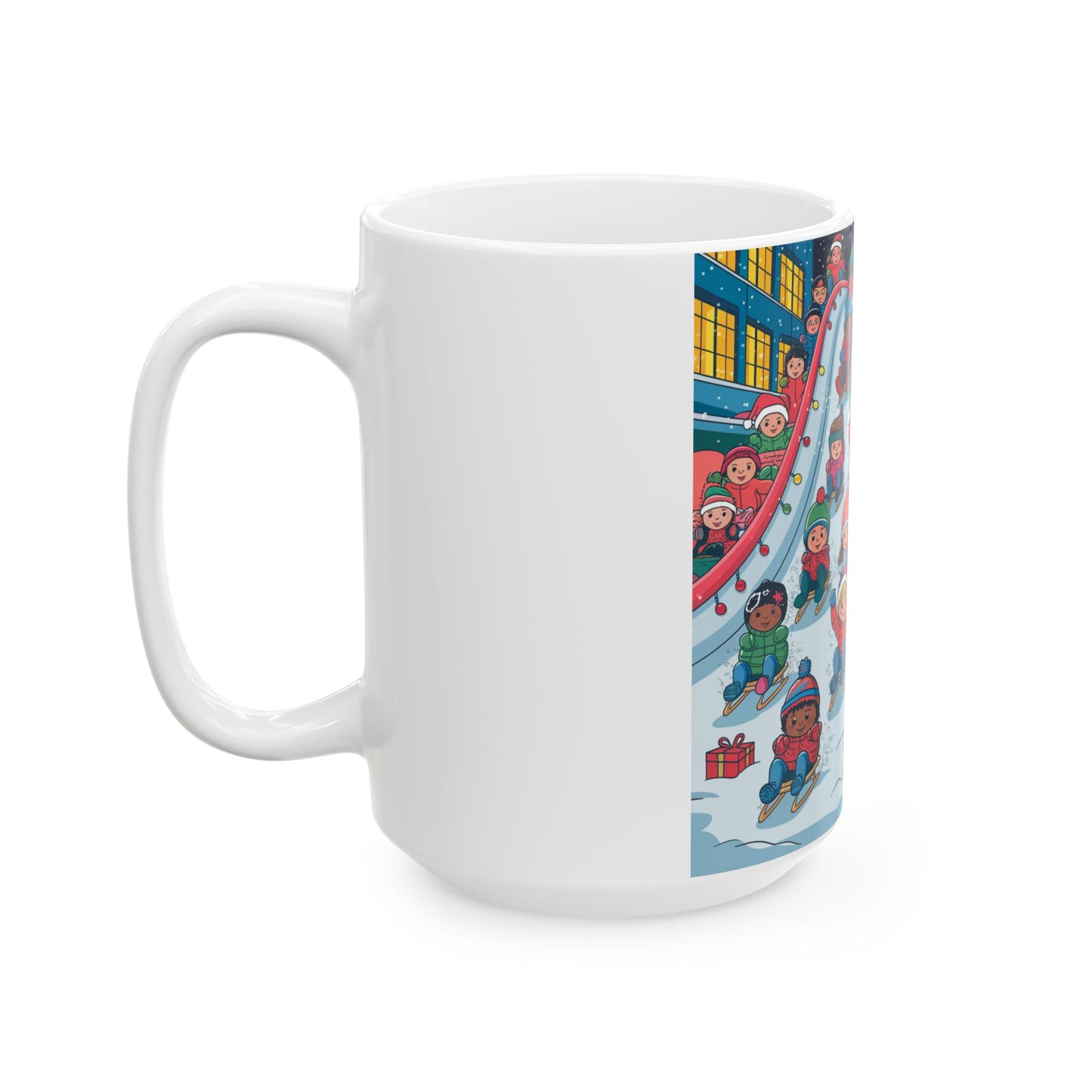 Winter Joy Kids Ceramic Mug - Holiday Snow Sledding Design (11oz, 15oz)