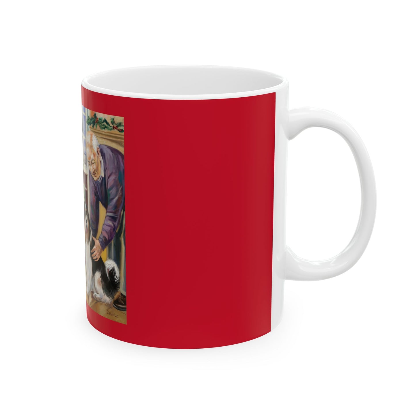 Festive Dog Lover's Ceramic Mug - Perfect for Holiday Cheer/ Old Man with His Dog and Doggy Ornaments