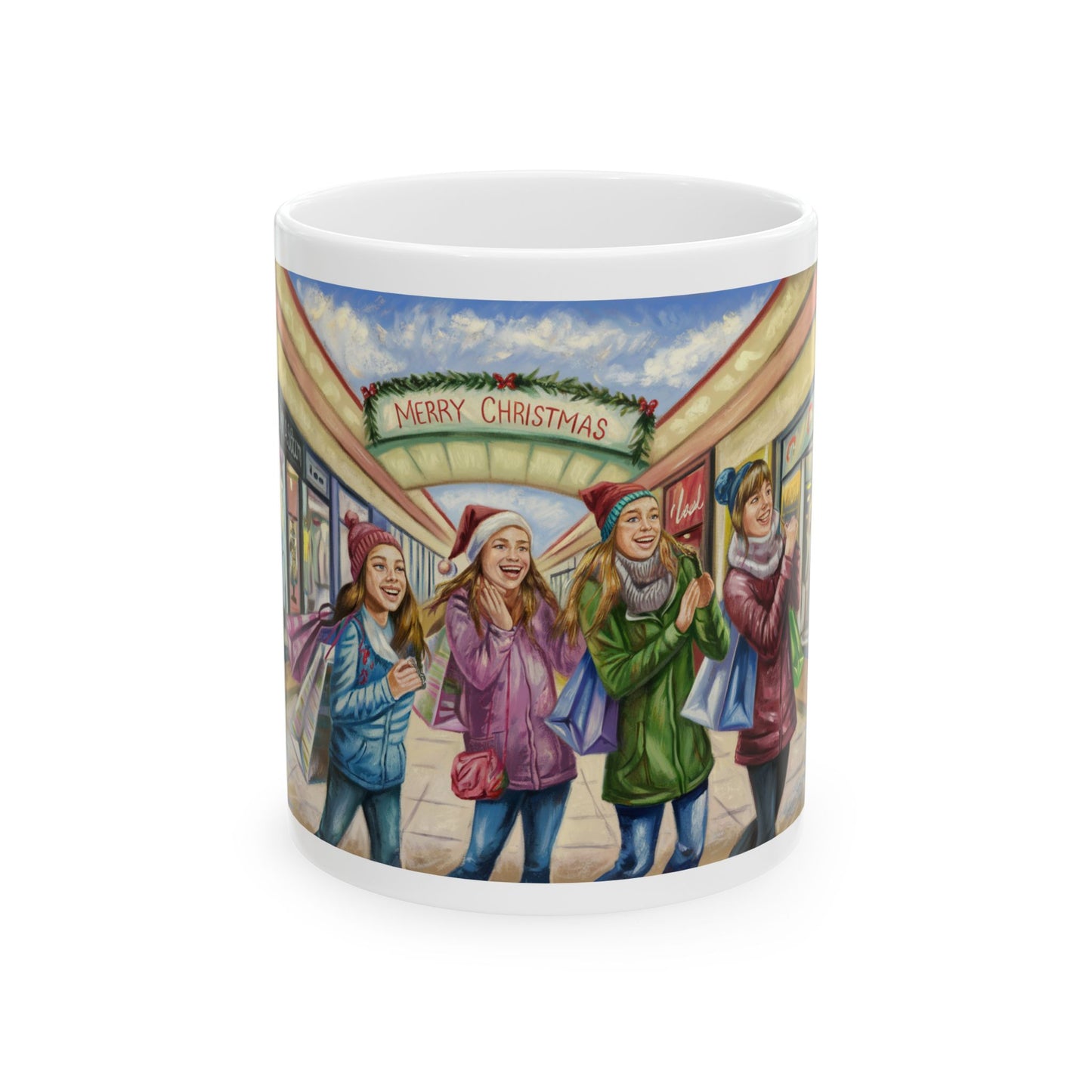 Girls Shopping at the Mall for Christmas Ceramic Mug, (11oz, 15oz)