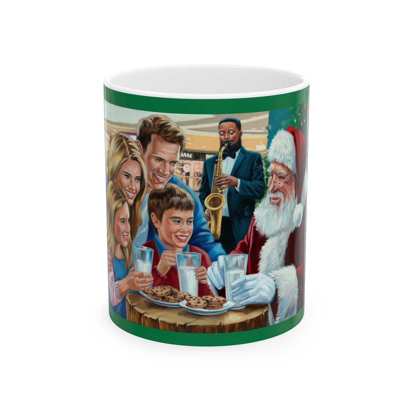 Festive Family Cookies and Milk with Santa at the Mall Ceramic Mug - Santa & Holiday Cheer (11oz, 15oz)