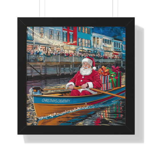 Holiday Cheer Framed Vertical Poster - Santa on a Boat with Gifts | Christmas Wall Art