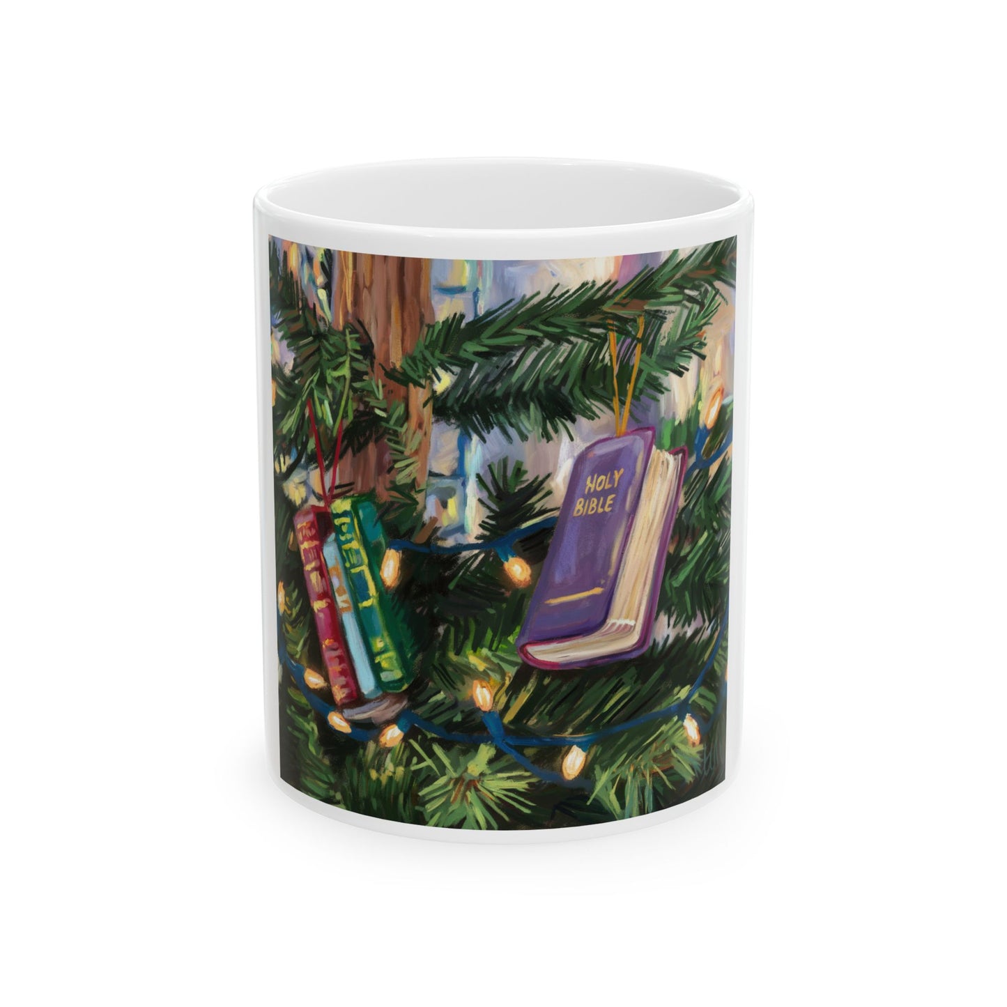 Christmas Books & Bible Ornaments on Christmas Tree Ceramic Mug - Holiday Reading Gift, 11oz & 15oz