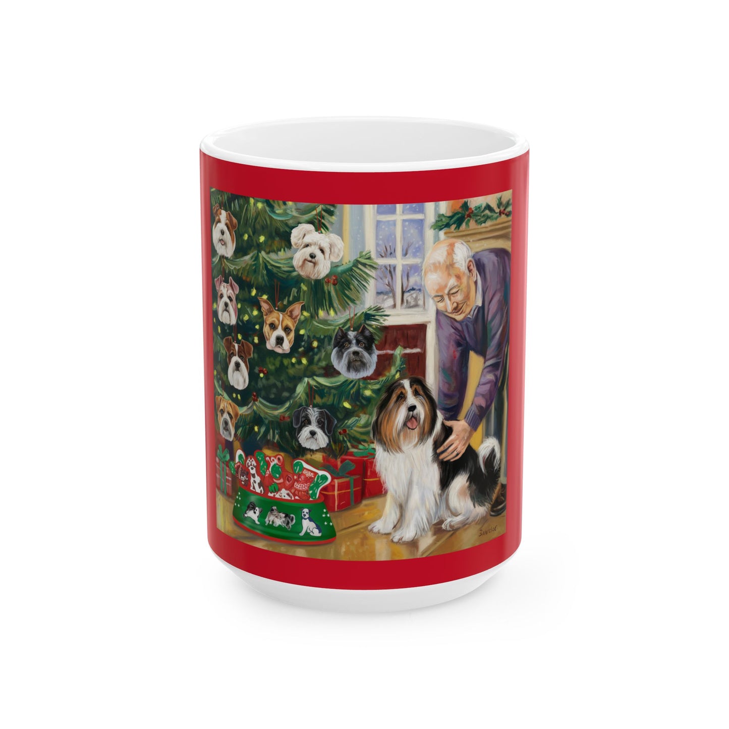 Festive Dog Lover's Ceramic Mug - Perfect for Holiday Cheer/ Old Man with His Dog and Doggy Ornaments