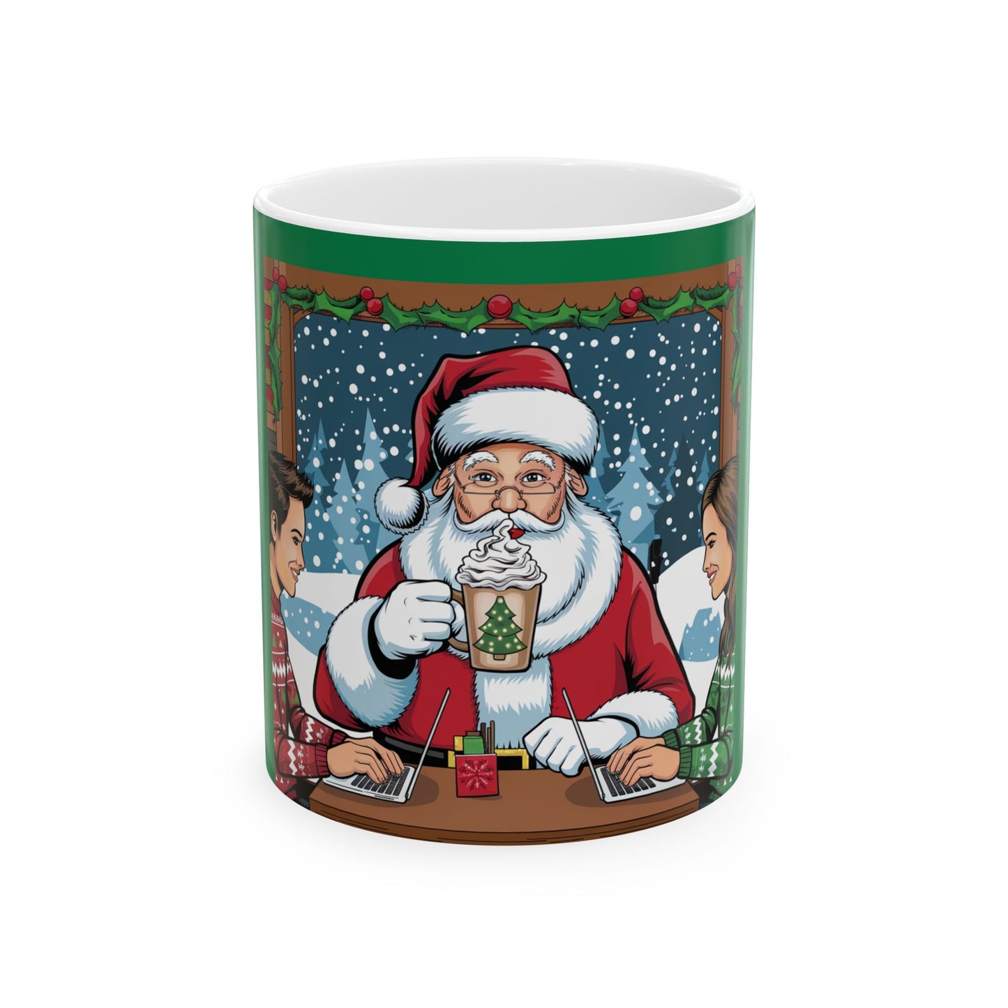 Christmas Creativity Santa Coffee Shop Laptop Ceramic Mug, (11oz, 15oz)